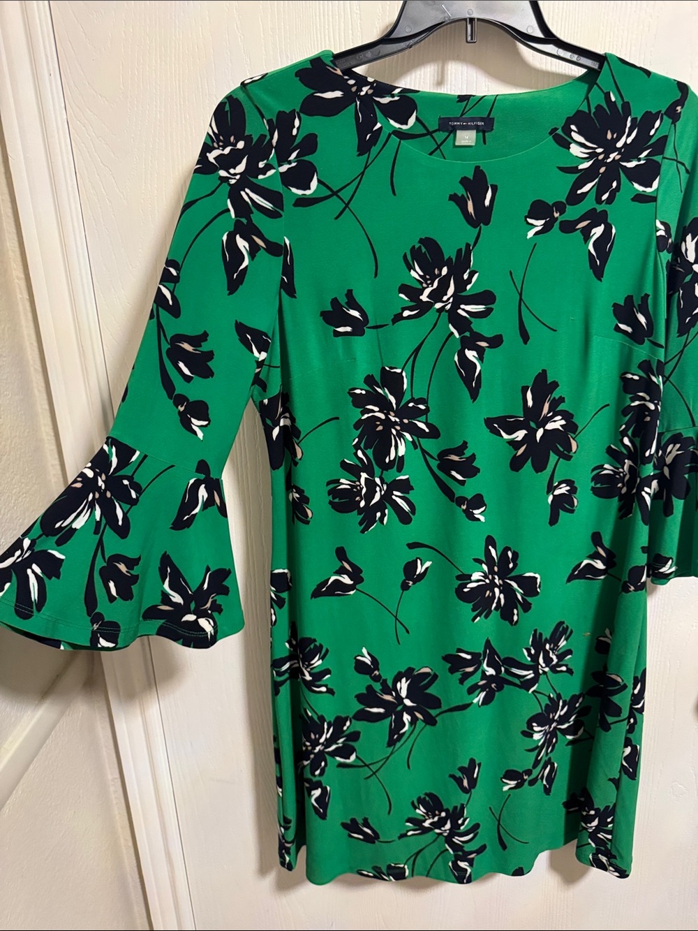 Tommy Hilfiger Camille Jersey Bell Sleeve Floral‎ Shirt Dress Women's 14 Green